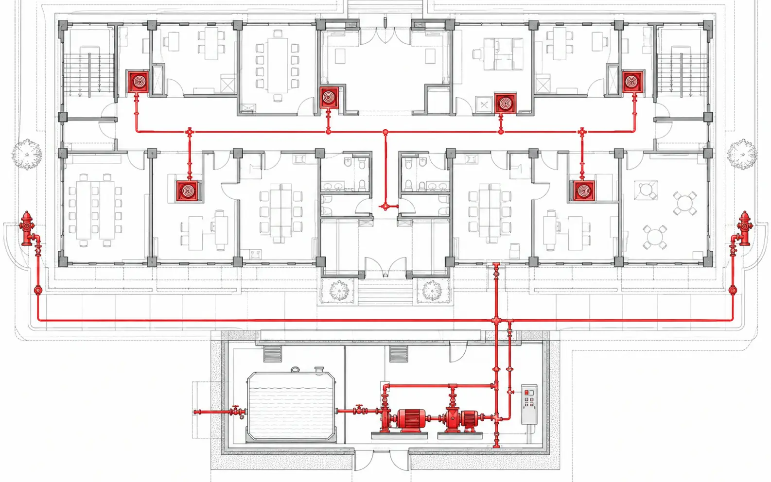 Yangın dolabı, hidrant ve pompa hattının blueprint plan görünümü