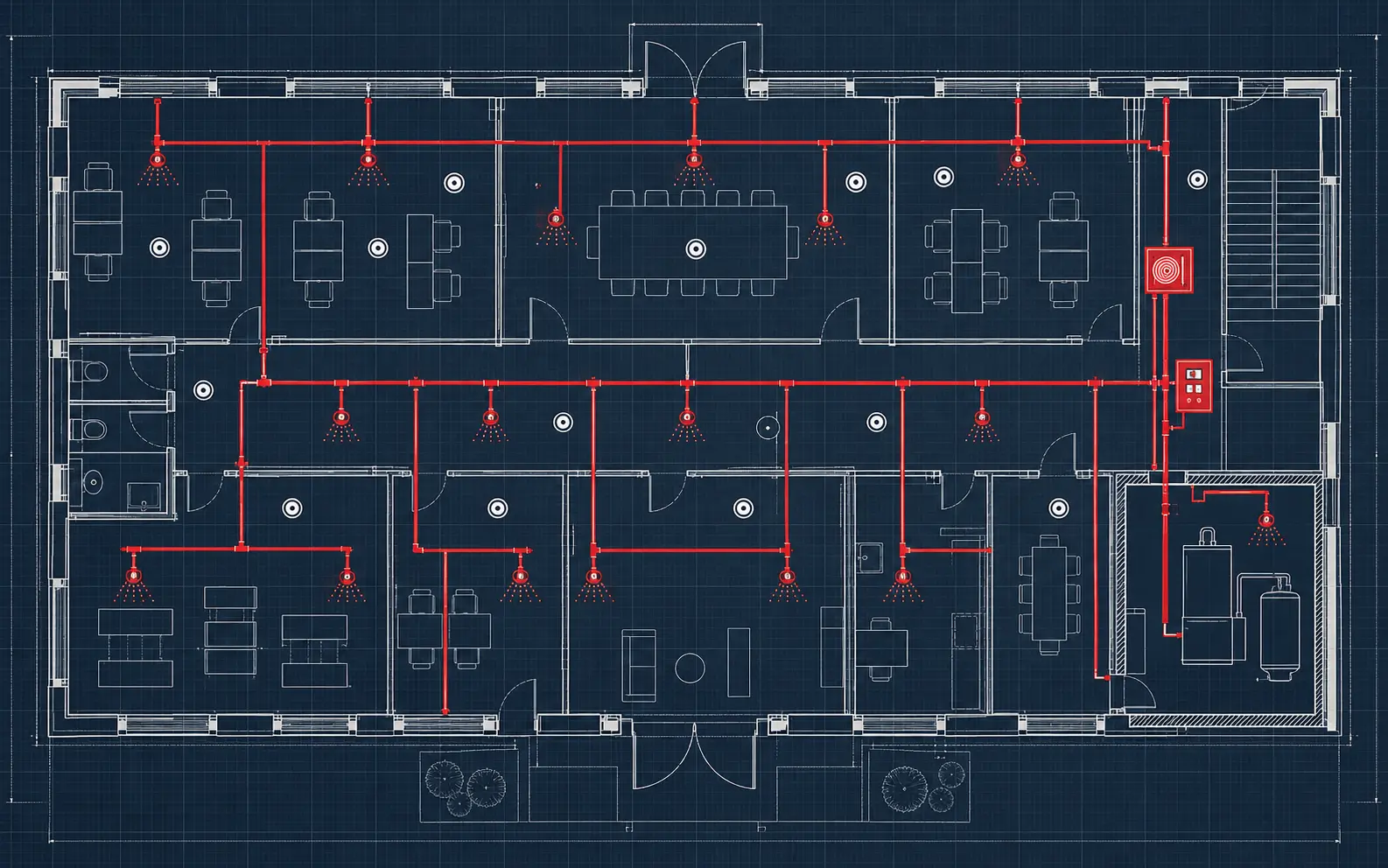 Sprinkler, algılama ve yangın güvenlik hattının blueprint plan görünümü